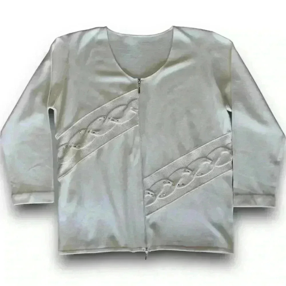 vtg cream cable knit sequin embroidered zip up cardigan italian wool sweater euc